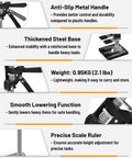 Details of Two Pack Labor Saving Arm Jack features: anti-slip metal handle, thickened steel base, smooth lowering function, precise scale ruler.