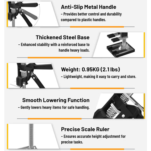 Details of Two Pack Labor Saving Arm Jack features: anti-slip metal handle, thickened steel base, smooth lowering function, precise scale ruler.
