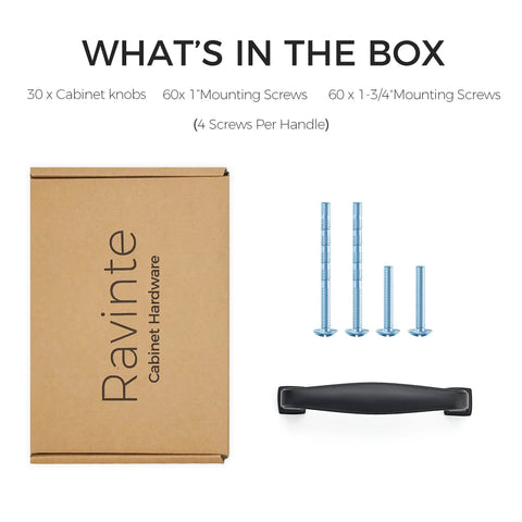 Box containing 30 Pack Solid 3 Inch Cabinet Handles Matte Black Zinc Alloy Pulls for Kitchen Cupboards and Drawers with screws