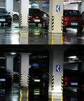 Heavy Duty Reflective Rubber Column Protectors Black And Yellow Anti Collision Corner Guards For Garages And Warehouses Durable Side Bumpers In A Ten Pack visible in parking garage setting.