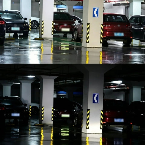 Heavy Duty Reflective Rubber Column Protectors Black And Yellow Anti Collision Corner Guards For Garages And Warehouses Durable Side Bumpers In A Ten Pack visible in parking garage setting.