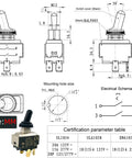Diagram and specs of Beefy Heavy Duty Toggle Switch Replacement 20A 125V 15A 277V 2HP 4 Pin On Off for espresso machines and saws.