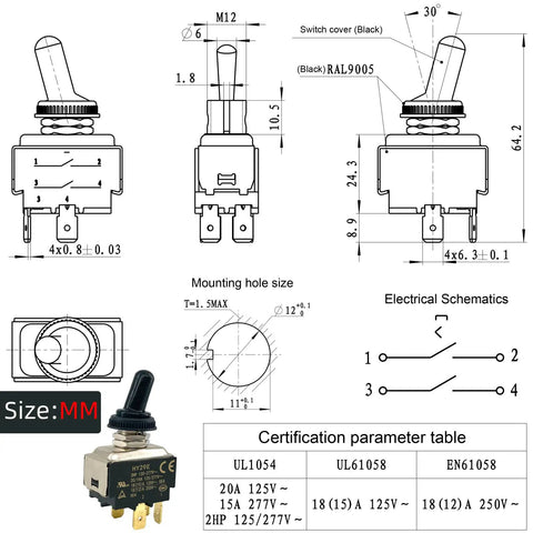 Diagram and specs of Beefy Heavy Duty Toggle Switch Replacement 20A 125V 15A 277V 2HP 4 Pin On Off for espresso machines and saws.