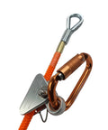 High Visibility Steel Core Flip Line Kit For Tree Climbing With One Half Inch Wire Core Heavy Duty 14 Foot Adjustable Lanyard Low Stretch And Cut Resistant Arborist Gear USA Made showing orange rope and carabiner close-up.