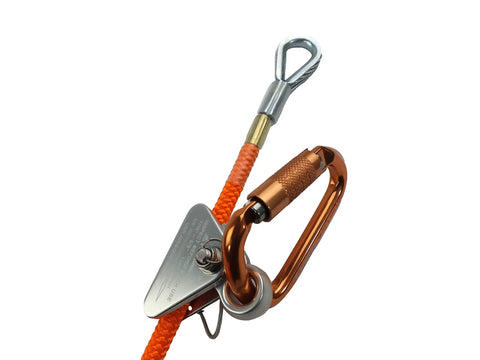High Visibility Steel Core Flip Line Kit For Tree Climbing With One Half Inch Wire Core Heavy Duty 14 Foot Adjustable Lanyard Low Stretch And Cut Resistant Arborist Gear USA Made showing orange rope and carabiner close-up.