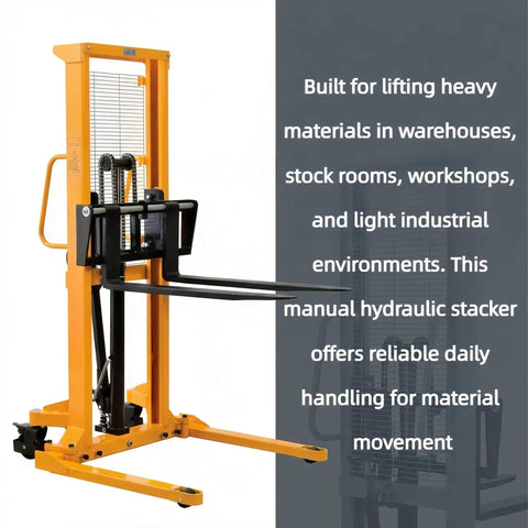 Tough Manual Straddle Pallet Stacker Powers Through 2200 Lbs Loads Without Breaking A Sweat Features hand hydraulic pump and 63 inch lift height.