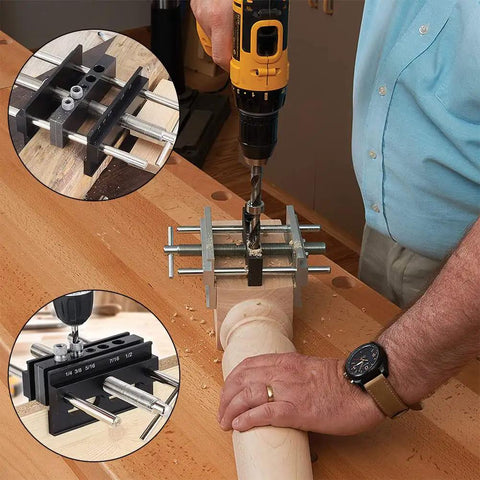 Tough As Nails Self Centering Dowel Jig Kit With Wide Capacity Drill Guide For Zero Guesswork Woodpin Alignment and Quick Swap Bushings in use.