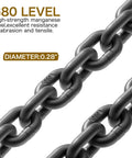 Heavy Duty 2000 Lb Chain Drum Lifter For 55 Gallon Steel And Plastic Barrels With Top Lip, close-up of G80 level chain, diameter 0.28 inches.