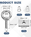 M8 X 30mm Eye Bolt Set Four Pcs 304 Stainless Steel Threaded Shoulder Eyebolts dimensions and parts illustration