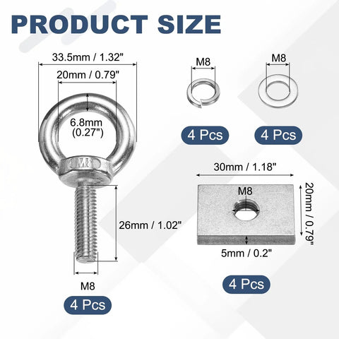 M8 X 30mm Eye Bolt Set Four Pcs 304 Stainless Steel Threaded Shoulder Eyebolts dimensions and parts illustration