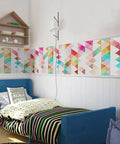Removable Dope Colorful Geometric Triangle Wall Decals Set, Large Modern Abstract Peel And Stick Wallpaper Murals displayed in a bedroom