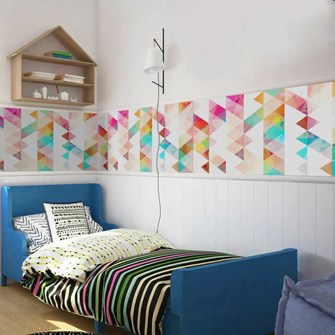 Removable Dope Colorful Geometric Triangle Wall Decals Set, Large Modern Abstract Peel And Stick Wallpaper Murals displayed in a bedroom