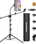 All In One Floor Mic Stand With Tablet And Phone Holder, Adjustable From 30 To 72 Inches, Tripod Boom Arm With Gooseneck, 6 In 1 Karaoke Stage Stand, Carrying Bag For Home Studio And Live Performances. Shown with attachments and carrying bag.