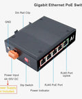 Rugged Industrial Five Port Gigabit PoE Switch With Four PoE Ports And One Uplink, Din Rail Mount Ethernet Hub with labeled ports