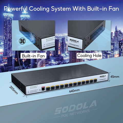 Crazy Fast 12 Port 10G SFP Plus Managed Switch with L2 and L3 capabilities, built-in fan and cooling system displayed