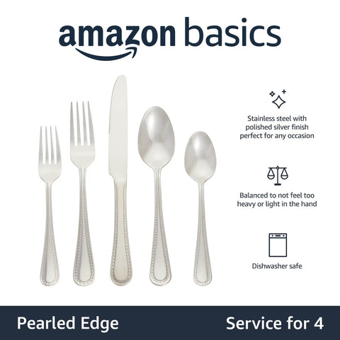 Heavy Duty Stainless Steel Flatware Set, 20 Piece Silverware Service For Four, Dishwasher Safe Pearl Edge Dining Cutlery, No Sweat Cleanup Kitchen Table Essential