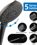 Five Function Handheld Shower Head With High Pressure Power Wash 70.8 Inch Stainless Steel Hose ABS Bracket Oil Rubbed Bronze Finish Ergonomic Grip Rain Massage Mist Modes For Ultimate Bathroom Upgrade showing 5 spray settings.