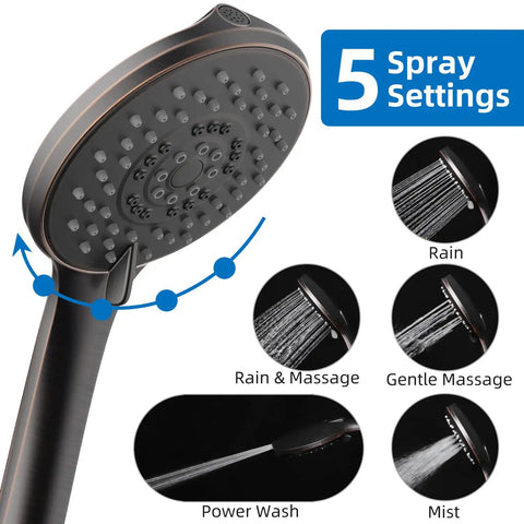 Five Function Handheld Shower Head With High Pressure Power Wash 70.8 Inch Stainless Steel Hose ABS Bracket Oil Rubbed Bronze Finish Ergonomic Grip Rain Massage Mist Modes For Ultimate Bathroom Upgrade showing 5 spray settings.