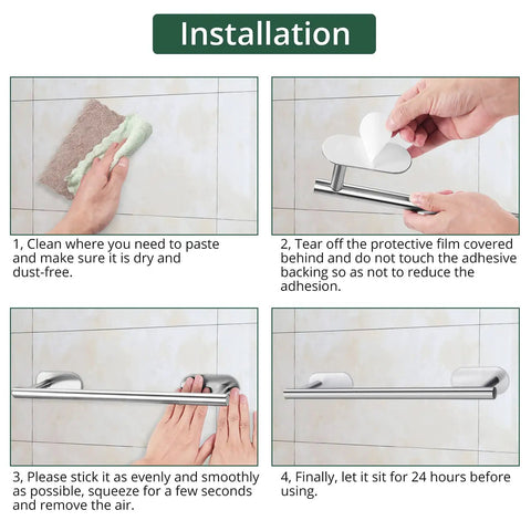 Installation steps for Self Adhesive Bathroom Hardware Set With 16 Inch Towel Bar Toilet Paper Holder and 3 Towel Hooks.