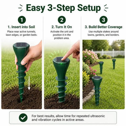 Solar Powered Mole Repellent Stakes With Ultrasonic Pulses And Ground Vibration installation guide in garden setting.