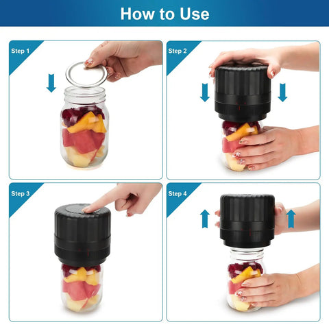 Steps to use Mason Jar Vacuum Sealer Kit For Wide Mouth And Regular Mouth Jars, Electric Automatic Sealer With Opener, VP06 Plus.