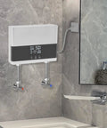 Electric Tankless Water Heater 110v With Digital Display installed in bathroom, compact design and water inlet connections visible.