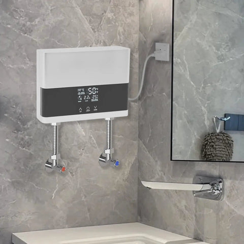 Electric Tankless Water Heater 110v With Digital Display installed in bathroom, compact design and water inlet connections visible.