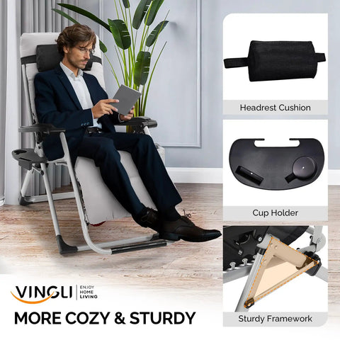 Zero Gravity Lounge Chair With Removable Thick Cushion And Tray in indoor setting showcasing features like headrest and tray.