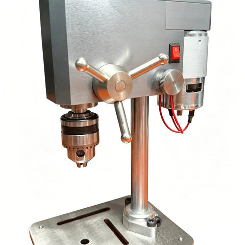 Ace Mini Bench Drill Press Delivering Sweet Variable Speed Control With Heavy Duty Chuck Grip For Zero Drama Woodworking Metal Drilling And Quick Jewelry Crafting Jobs close-up of drill chuck and control panel.