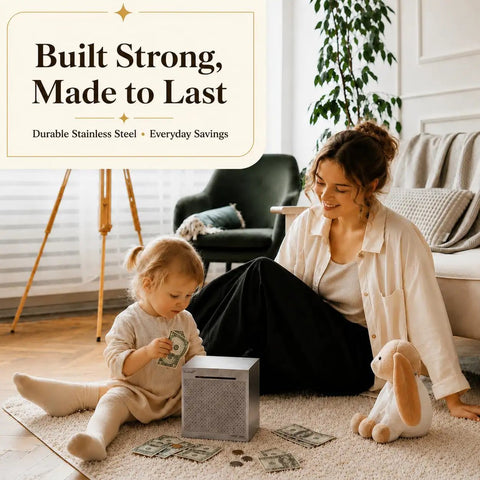 Mother and child with Stainless Steel Money Saving Box With Built In Counter Break To Open Piggy Bank For Adults And Kids.