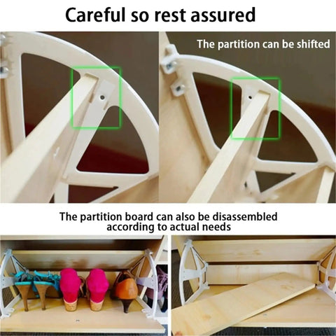 No Sweat Plastic Cabinet Hinges For Shoe Rack And Kitchen Drawer Quick Swap Pivot Hardware displaying partition adjustments and shoe storage.