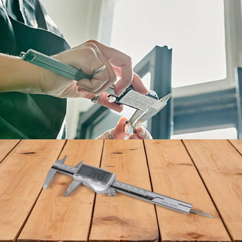 Jewelry Measurement Tool 150mm Digital Caliper(150MM) used in hands, measuring a ring's size with precision on a wooden surface.