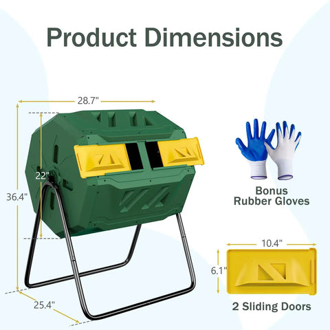 43 Gallon Green Dual Chamber Garden Compost Bin With 360 Degree Rotating Tumbler Easy Open Door And Large Openings No Fuss Hands Free Turning Durable Iron And PP Construction For Simple Scraps Management