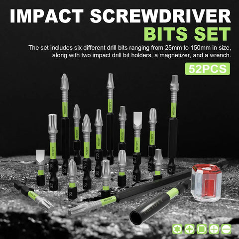Impact Screwdriver Bit Set With Magnetic Bits 52 Piece Kit Includes Magnetizer Extension Rod And Wrench For Every Reach