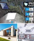 Outdoor Solar Motion Lights With 56 LED, IP65 Waterproof, 120 Degree Lighting Angle, installed on buildings in various weather conditions.