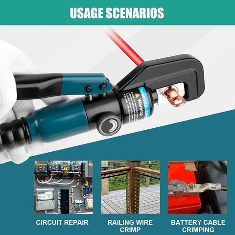 Close-up of a 6 Ton Hydraulic Crimping Tool With 9 Die Pairs For 12 AWG To Two Zero Battery Cable Lugs And Wire Rope Crimper Heavy Duty