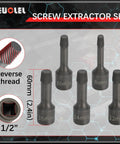Five Piece Half Inch Drive Impact Wedge Proof Extractor Set For Bolt Removal And Safe Disassembly Extended Reach Design For Hard To Reach Fasteners For Tough Jobs. 5-piece 1/2-inch reverse thread screw extractor set, 8mm to 16mm