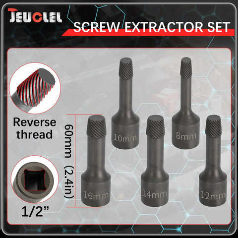 Five Piece Half Inch Drive Impact Wedge Proof Extractor Set For Bolt Removal And Safe Disassembly Extended Reach Design For Hard To Reach Fasteners For Tough Jobs. 5-piece 1/2-inch reverse thread screw extractor set, 8mm to 16mm