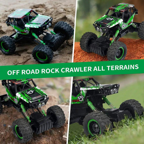 One Fourteen Scale Large Off Road Remote Control Monster Truck With LED Headlights 4WD All Terrain RC Car on rocky terrain
