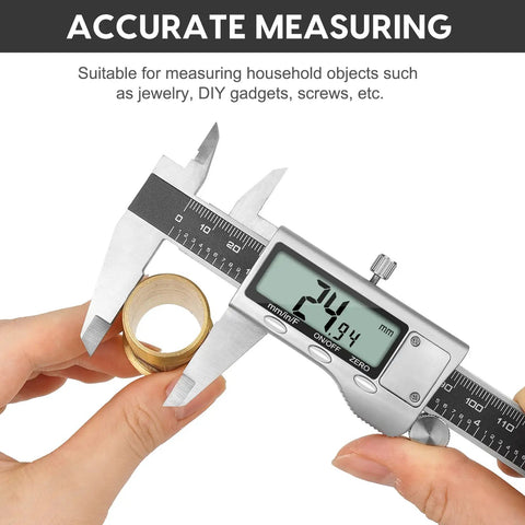Hands using 6 Inch Digital Caliper Tool With Big LCD Screen For DIY And Home Projects, Stainless Steel Vernier Caliper, Switch Between Inch Millimeter Fraction Smooth Like A Pro, Waterproof And Dirtproof Precision Instrument to measure a ring