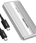 Next Level 80Gbps M.2 NVMe SSD Enclosure With Thunderbolt 5 And USB4 V2 Support, silver aluminum casing, with cable.