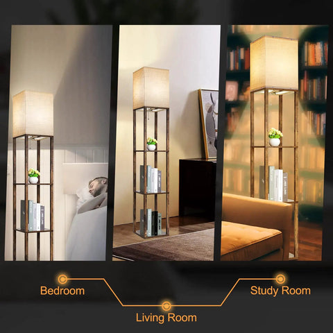 Floor Lamp With Shelves Triple Display 63 Inch Tall Space Saving Standing Corner Light With 3 Color Temperature 8W Bulb Wood Brown Modern Style in bedroom, living room, and study room settings.