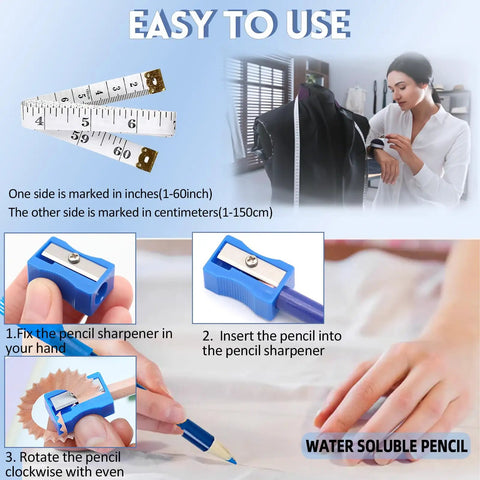 Heat Press Pillow Bundle Tools Kit showing pencil sharpener and measuring tape with sewing instructions.