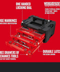 230 Piece Hand Tool And Socket Set With 3 Drawer Tool Box For Auto Repair And Home Projects, labeled drawers open