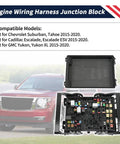 Straight Shot Heavy Duty Engine Compartment Fuse Box With Loaded Relay Cover Junction Block Wiring Harness No Sweat Bolt On For Chevy Suburban Tahoe Gmc Yukon Escalade 2015 2020 viewed with open lid showing fuses and relays.