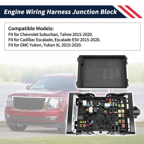Straight Shot Heavy Duty Engine Compartment Fuse Box With Loaded Relay Cover Junction Block Wiring Harness No Sweat Bolt On For Chevy Suburban Tahoe Gmc Yukon Escalade 2015 2020 viewed with open lid showing fuses and relays.