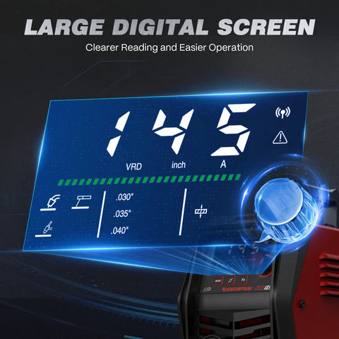 ARCCAPTAIN MIG145 Pro Flux Core MIG Welder 145 Amp 120 Volt large digital screen displaying settings for easy operation.