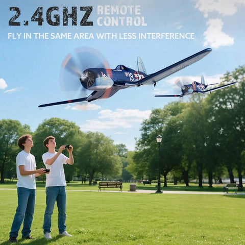Two people flying Dope Brushless RC Plane Set With 1806 1900KV Motor, F4U Corsair in a park