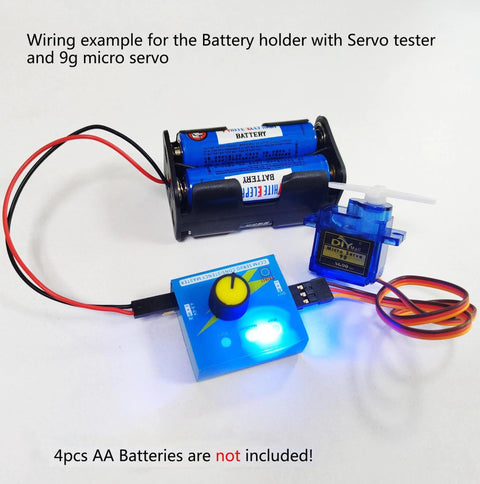 Mechatronics Servo Tester Kit With SG90 9G Micro Servo 180 Degree RC Servo Tester Controller Power Supply Case 4AA Battery Holder JR Connector Easy Setup Starter Pack For RC Cars Drones And DIY Projects wiring setup example showing 9G servo, tester, and battery holder