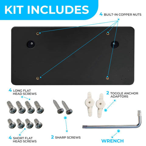 Zero Hassle License Plate Bracket Adapter Kit For Subaru WRX STI Forester Crosstrek Impreza 2012 To 2023 components including screws and wrench.